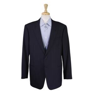 Armani Collezioni Mens Navy Blue Herringbone Woven Wool Silk Blazer Jacket 46R